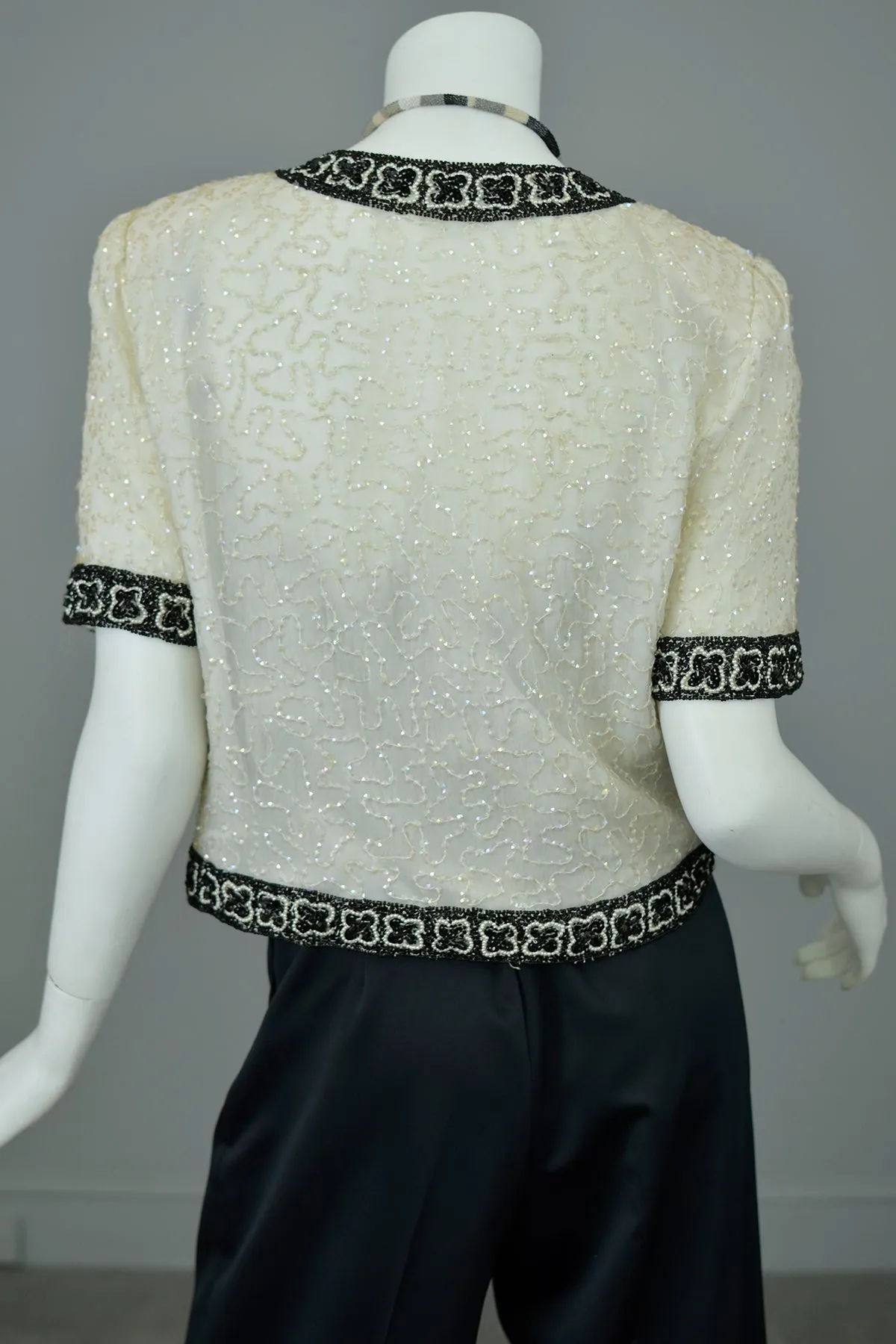 1980s Laurence Kazar White Black Beaded Jacket Top