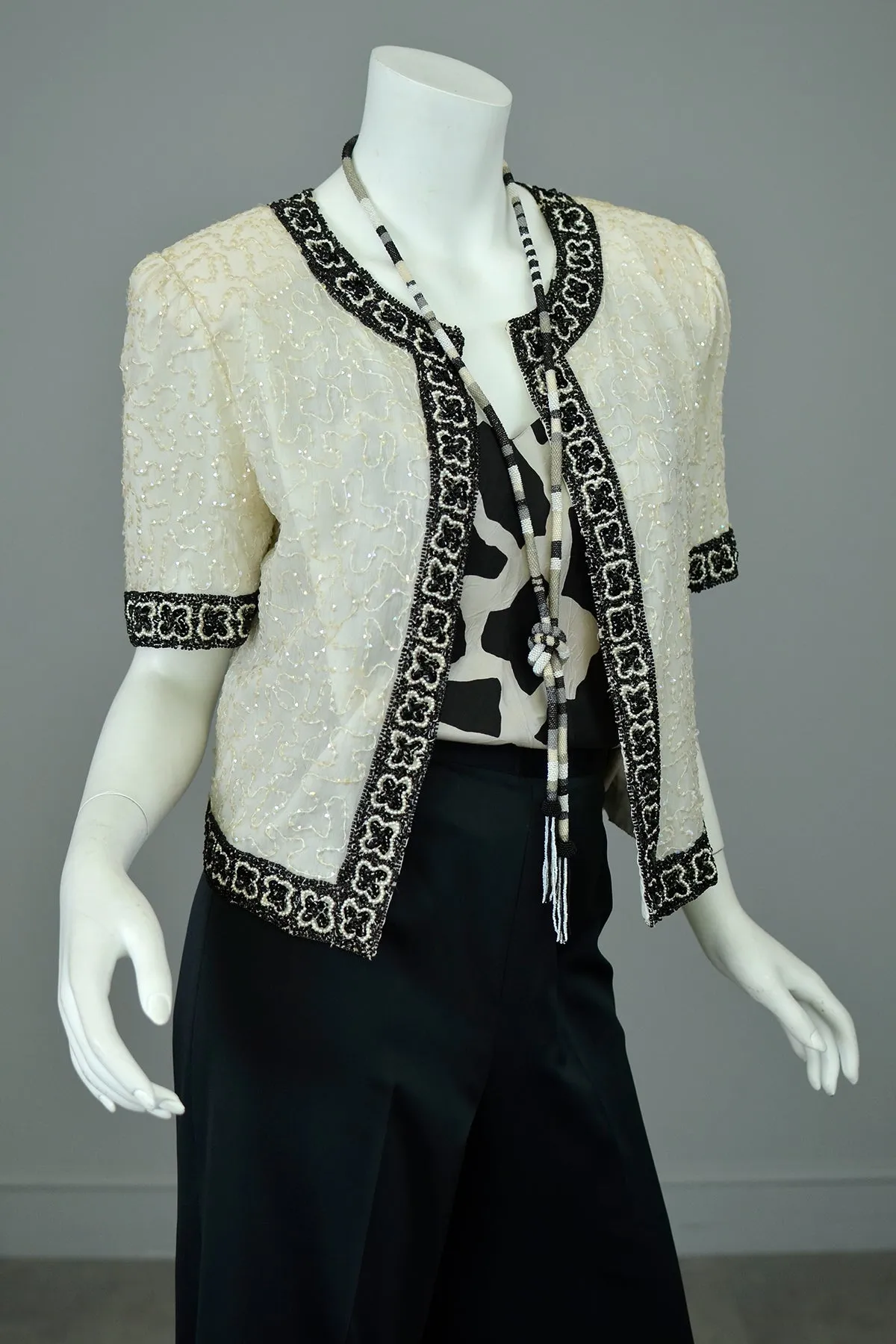 1980s Laurence Kazar White Black Beaded Jacket Top