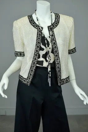 1980s Laurence Kazar White Black Beaded Jacket Top