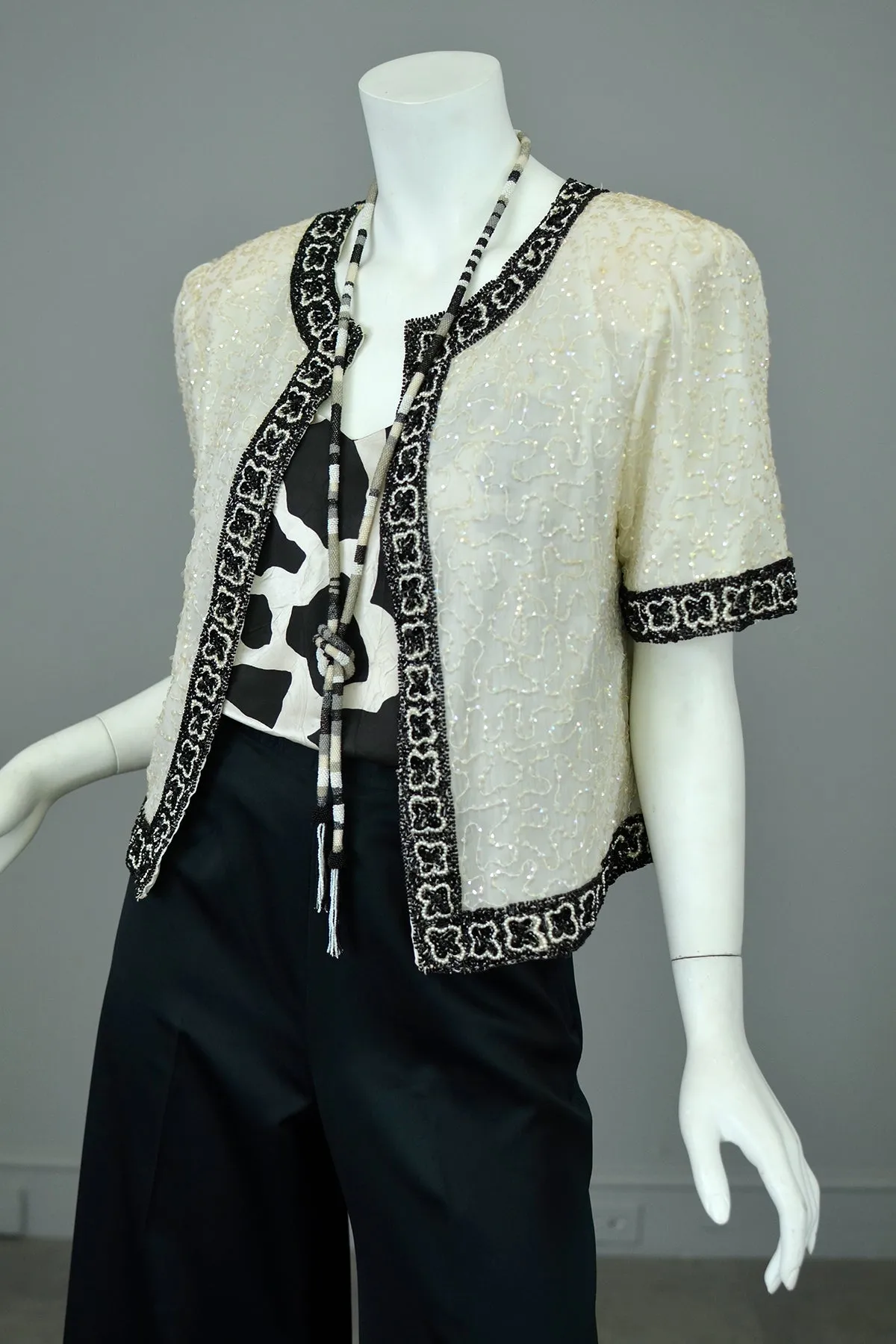 1980s Laurence Kazar White Black Beaded Jacket Top