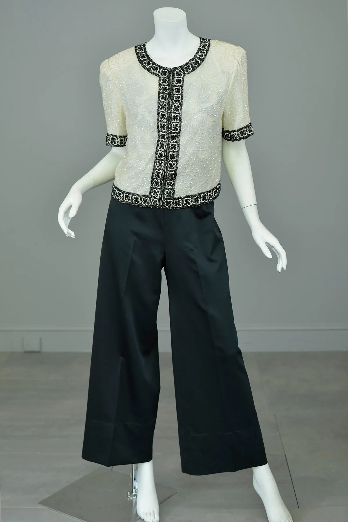 1980s Laurence Kazar White Black Beaded Jacket Top