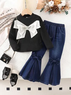 2pcs Young Girl Fashionable Bowknot Long Sleeve Top And Denim Pants Set, Spring Autumn