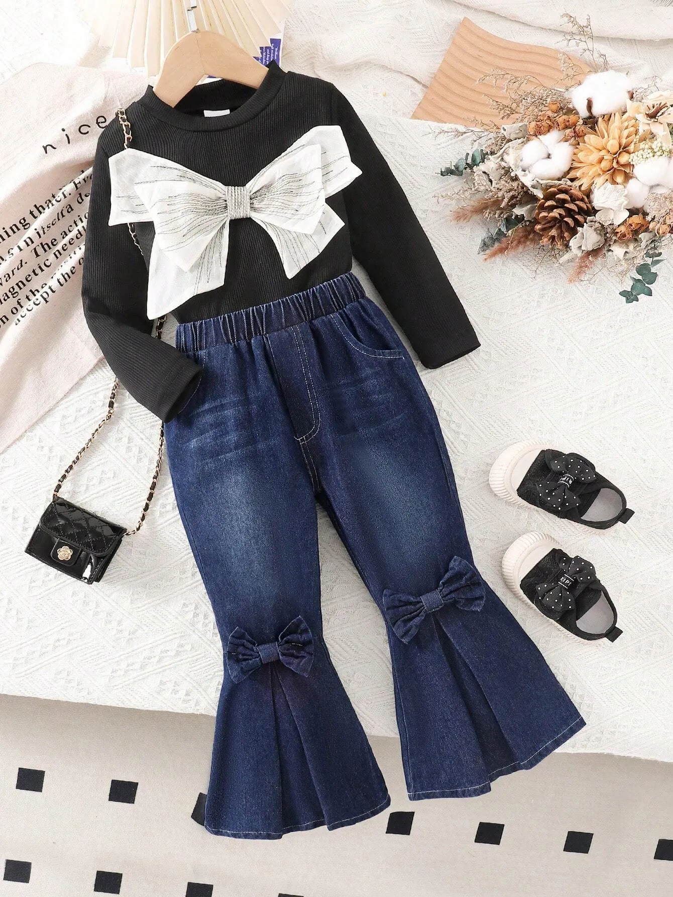 2pcs Young Girl Fashionable Bowknot Long Sleeve Top And Denim Pants Set, Spring Autumn