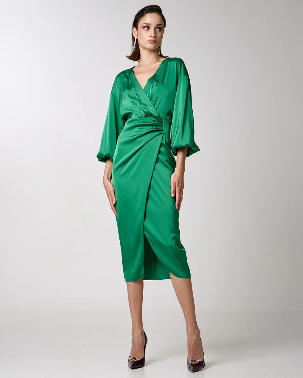 Access Fashion Green Wrap Midi Satin Dress With Pleats