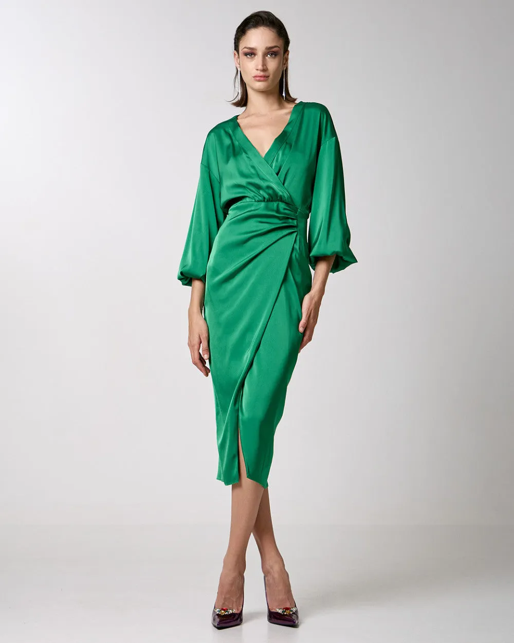 Access Fashion Green Wrap Midi Satin Dress With Pleats