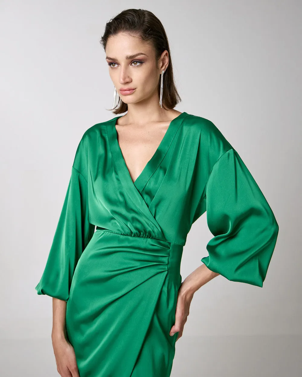 Access Fashion Green Wrap Midi Satin Dress With Pleats