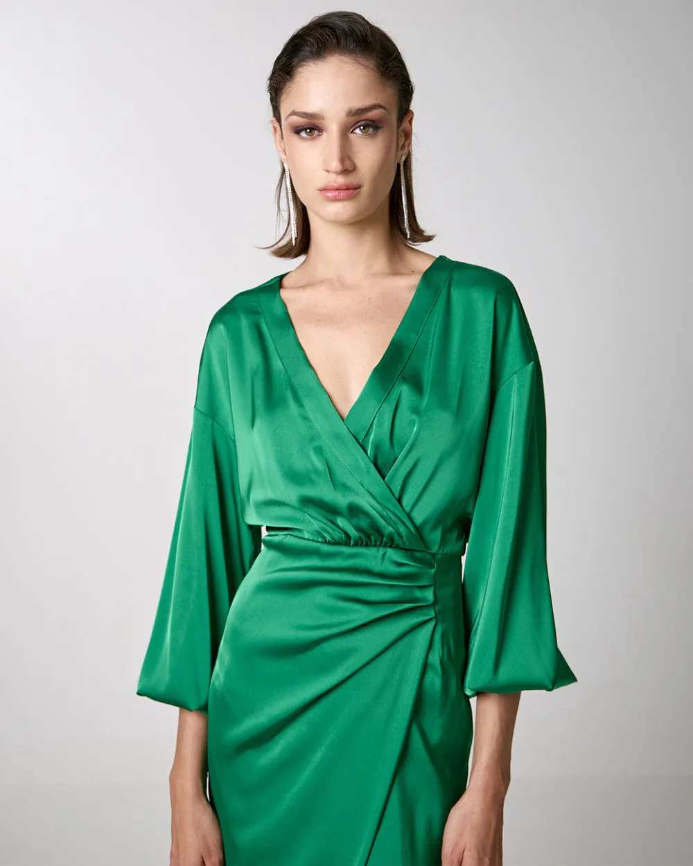 Access Fashion Green Wrap Midi Satin Dress With Pleats