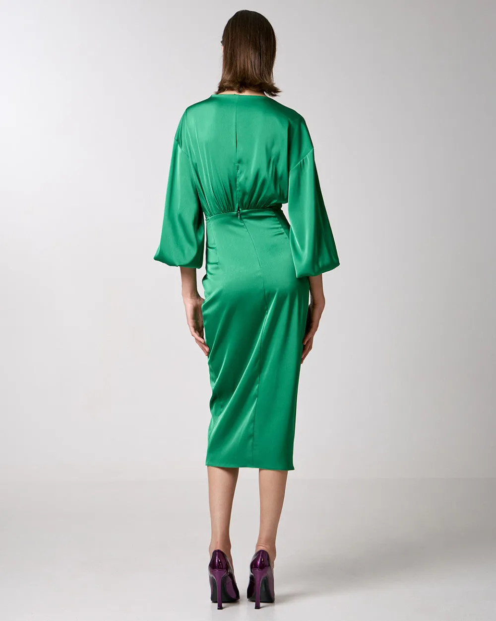 Access Fashion Green Wrap Midi Satin Dress With Pleats