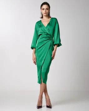 Access Fashion Green Wrap Midi Satin Dress With Pleats