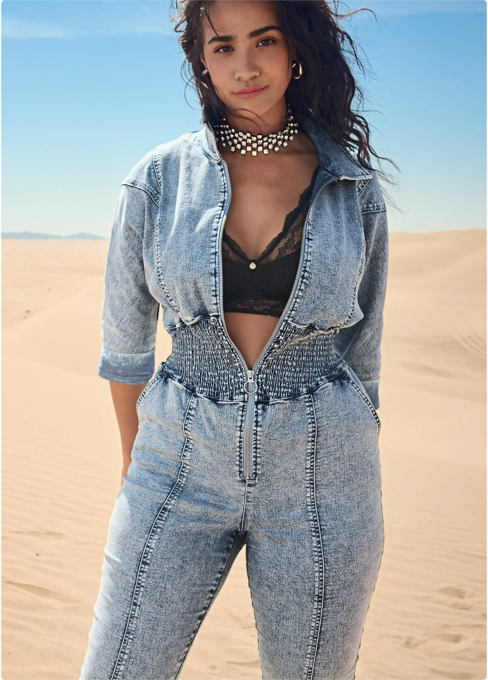 Acid Wash Smocked Jumpsuit - Cool Wash