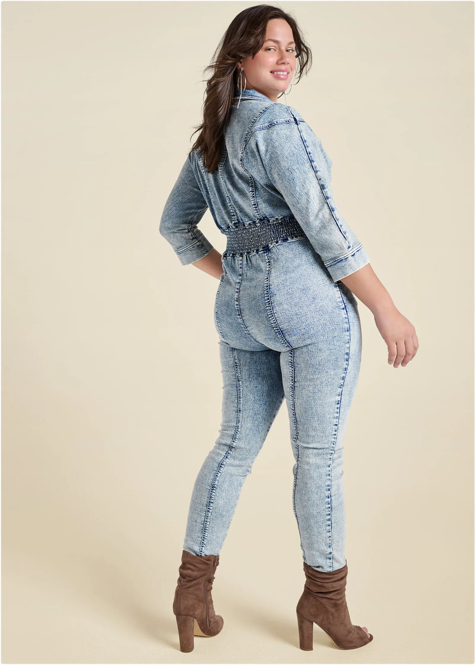 Acid Wash Smocked Jumpsuit - Cool Wash