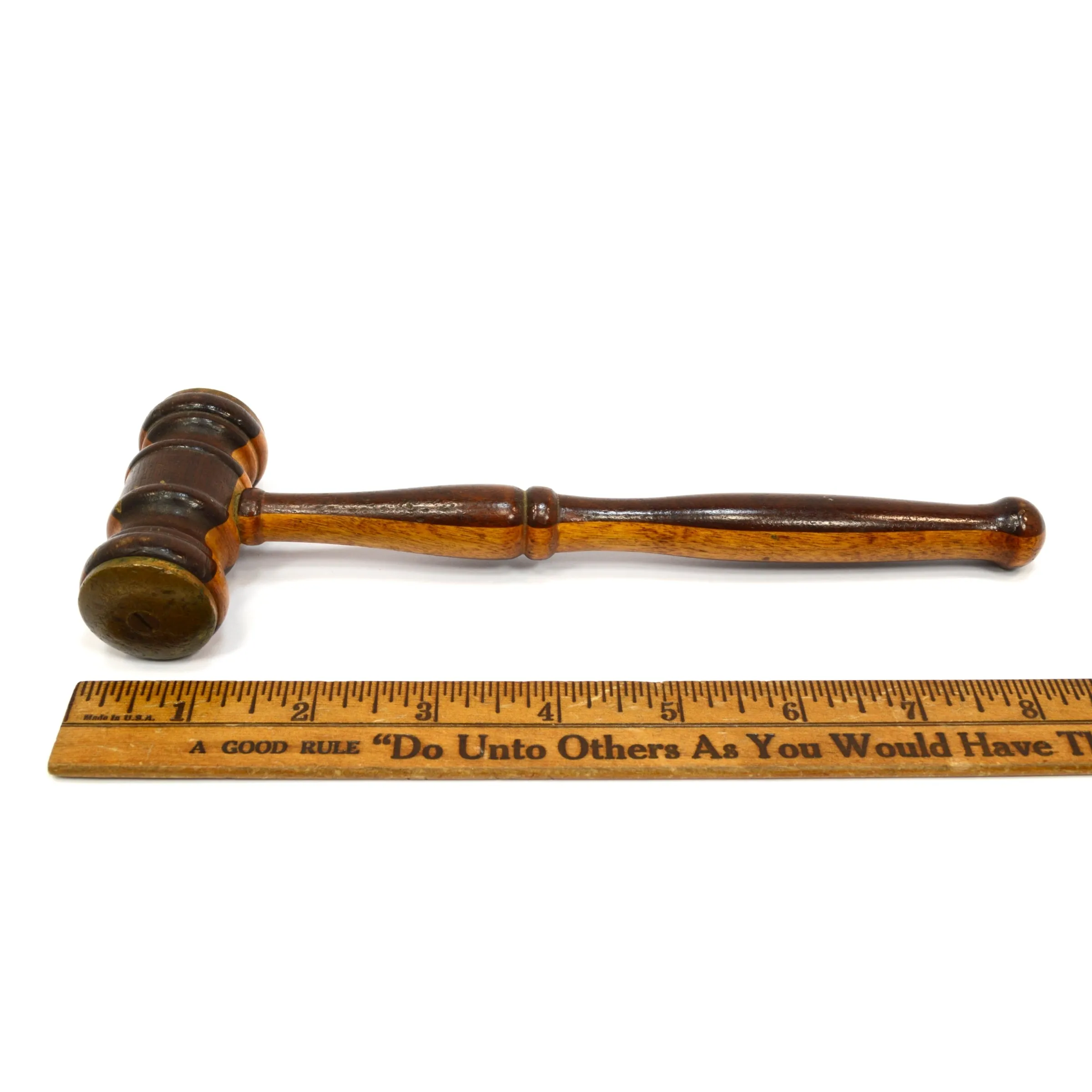 Antique 2-TONE TURNED HARDWOOD GAVEL Mahogany & Oak? BRASS FACE-PLATES Gorgeous!