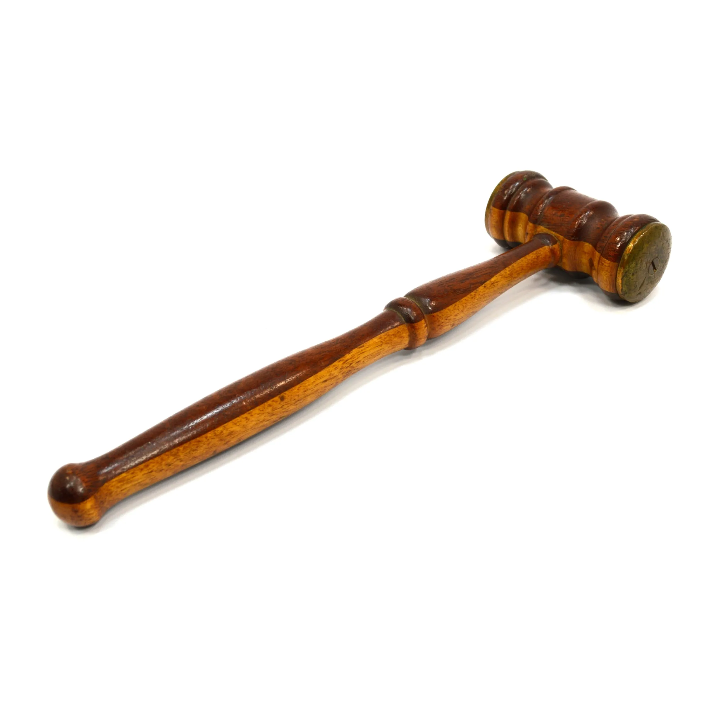 Antique 2-TONE TURNED HARDWOOD GAVEL Mahogany & Oak? BRASS FACE-PLATES Gorgeous!