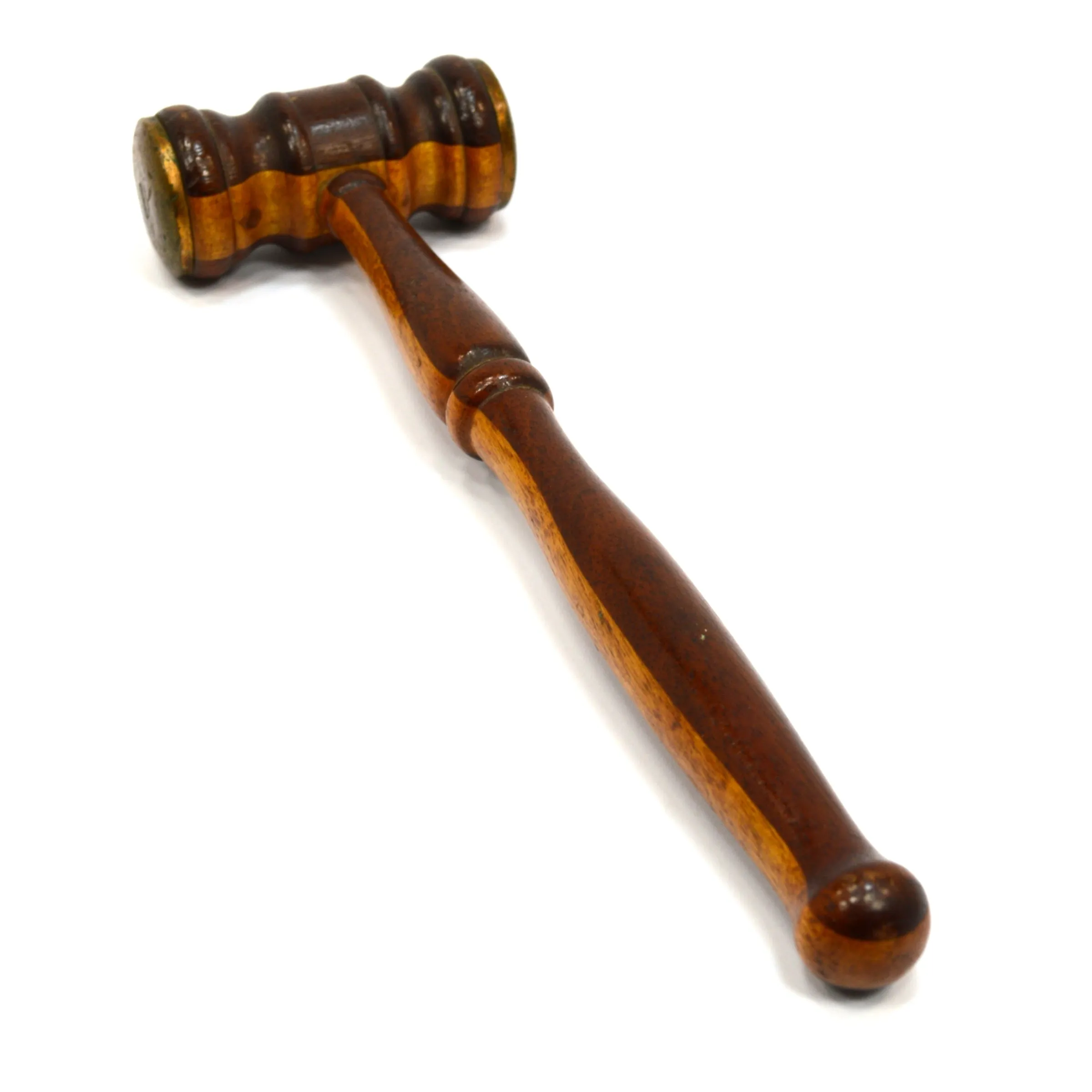 Antique 2-TONE TURNED HARDWOOD GAVEL Mahogany & Oak? BRASS FACE-PLATES Gorgeous!