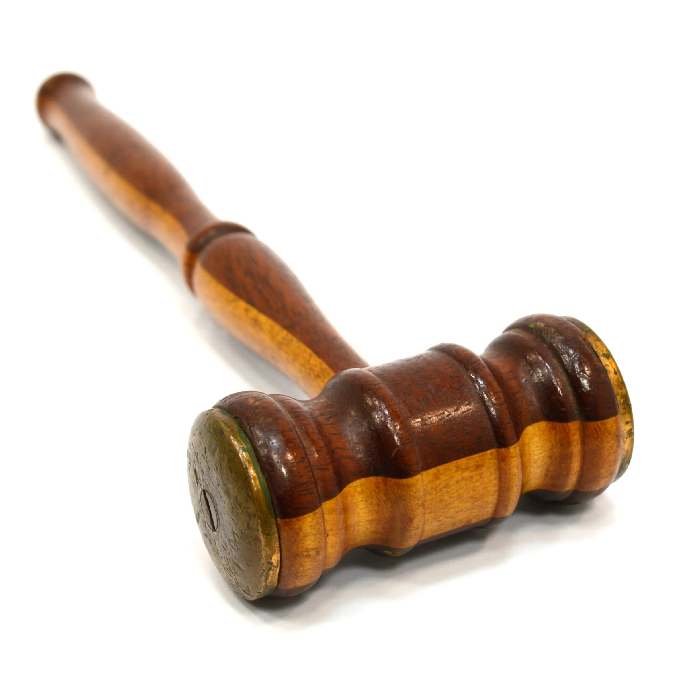 Antique 2-TONE TURNED HARDWOOD GAVEL Mahogany & Oak? BRASS FACE-PLATES Gorgeous!