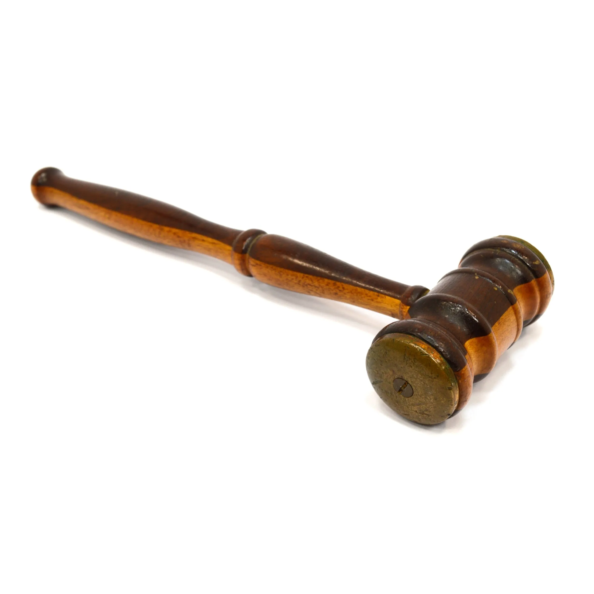 Antique 2-TONE TURNED HARDWOOD GAVEL Mahogany & Oak? BRASS FACE-PLATES Gorgeous!