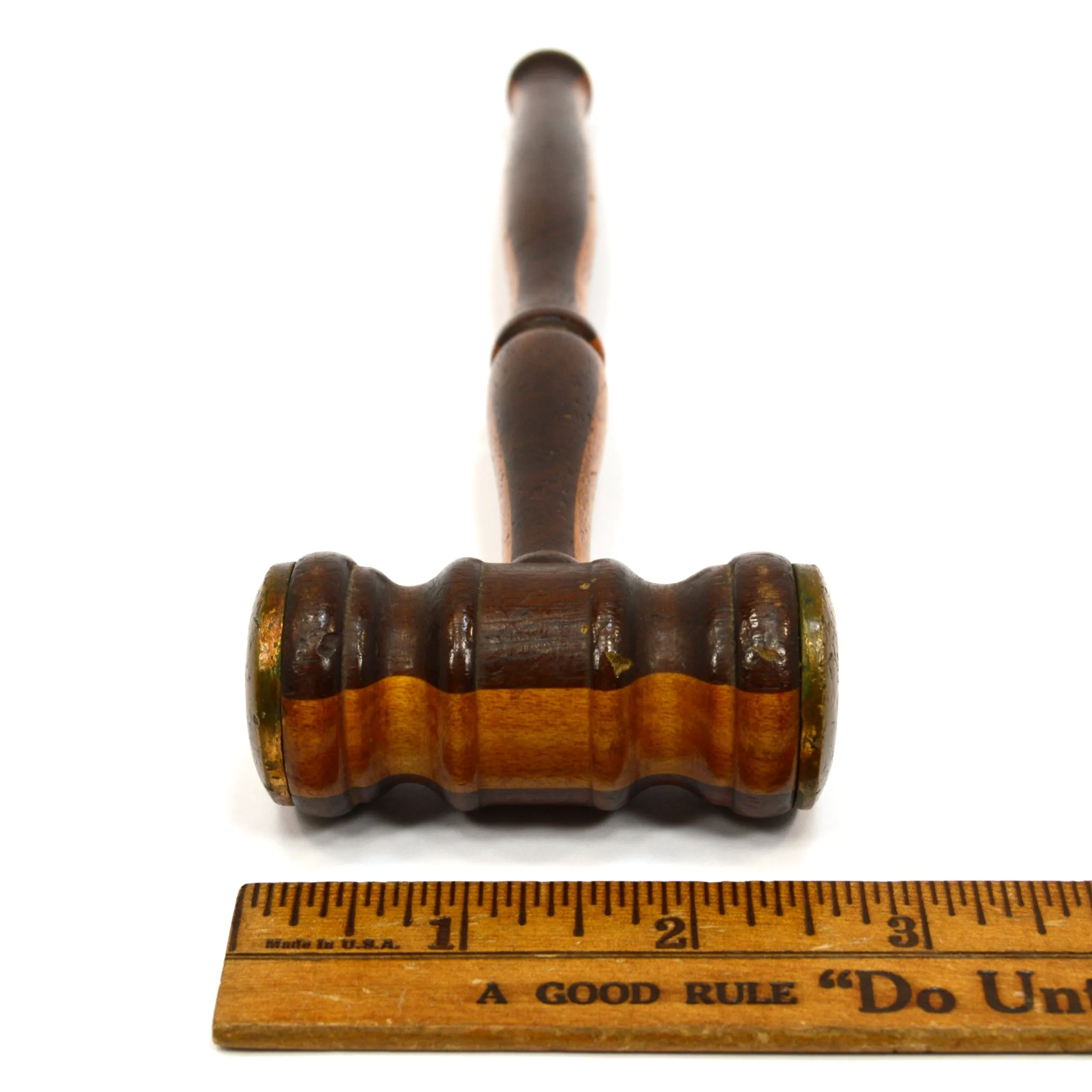 Antique 2-TONE TURNED HARDWOOD GAVEL Mahogany & Oak? BRASS FACE-PLATES Gorgeous!