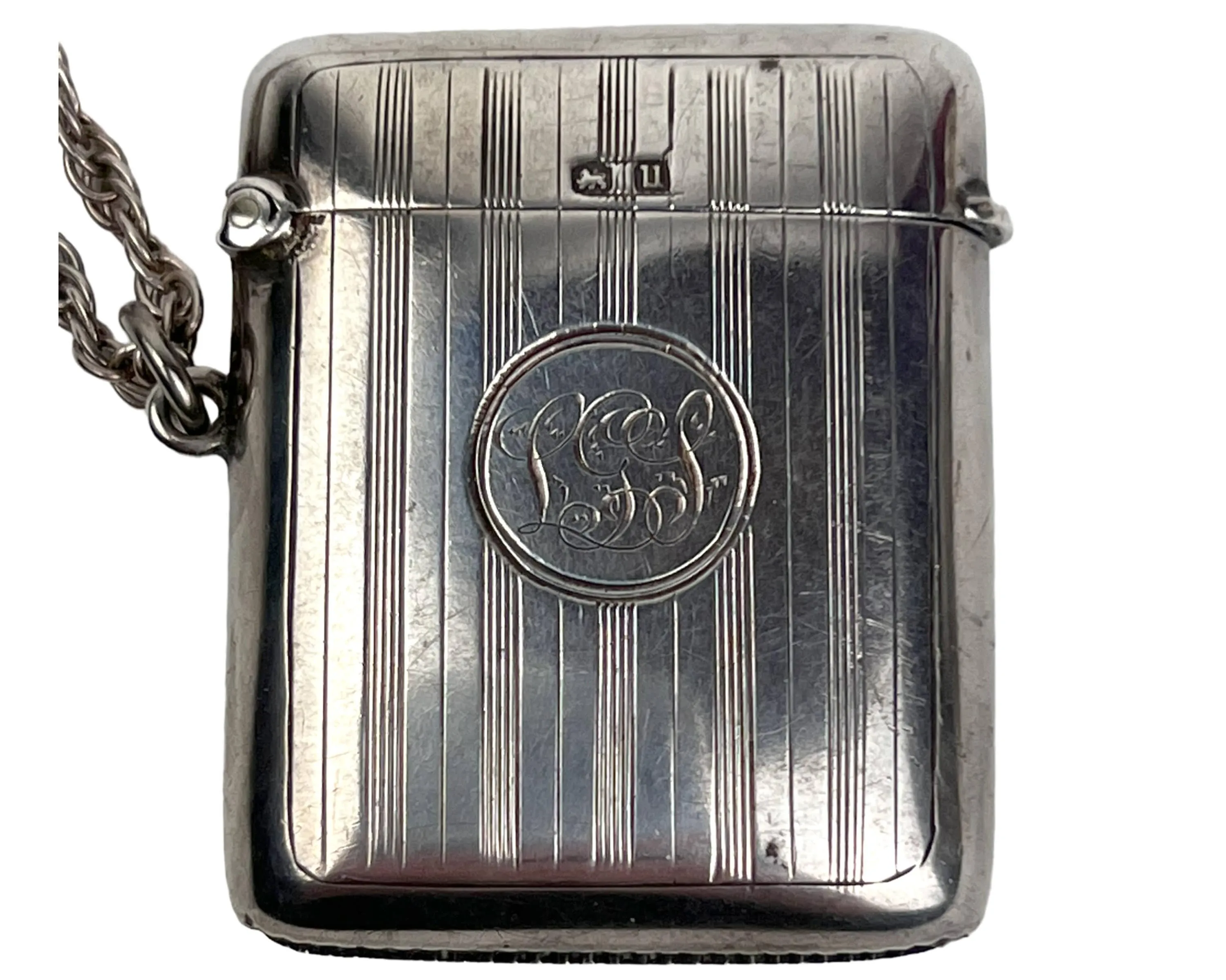 Antique Sterling Silver Match Safe Vesta with Strike on Chain John Rose Birmingham 1919