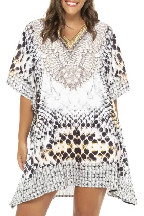 Back From Bali Womens Plus Size Print Kaftan Short Boho Tunic Dress Beach Caftan Swimsuit Cover Up