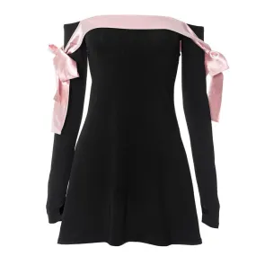 BerryBetty - Bowknot contrast gloves long sleeve 3-way off shoulder mini dress