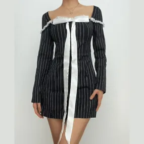 BerryBetty - Bowknot striped long sleeve square neck zip-up contrast mini dress