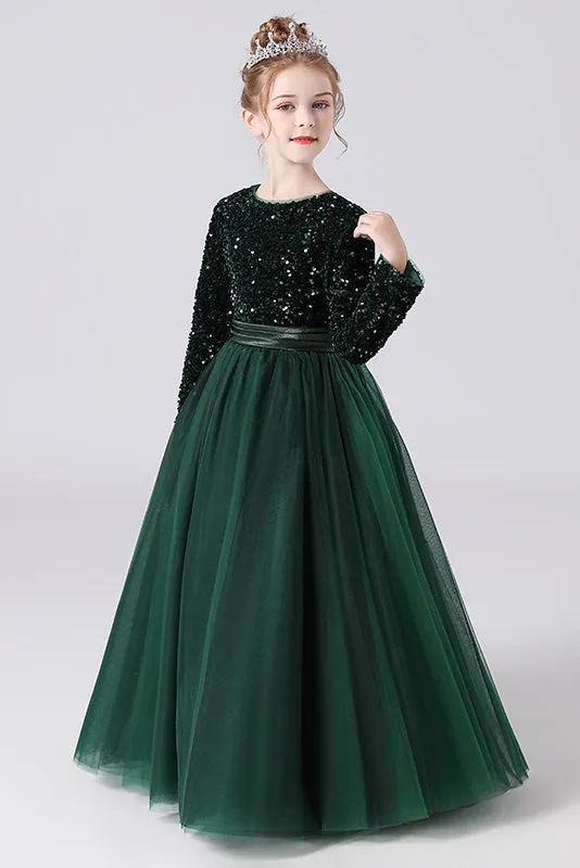 Black Tulle Long Sleeves Floor Length Flower Girl Dress With Sequins