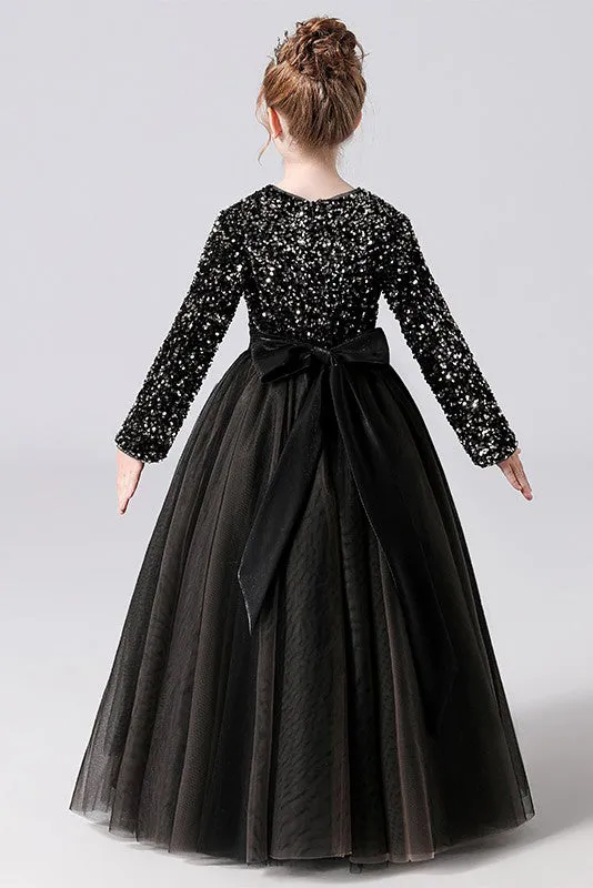 Black Tulle Long Sleeves Floor Length Flower Girl Dress With Sequins