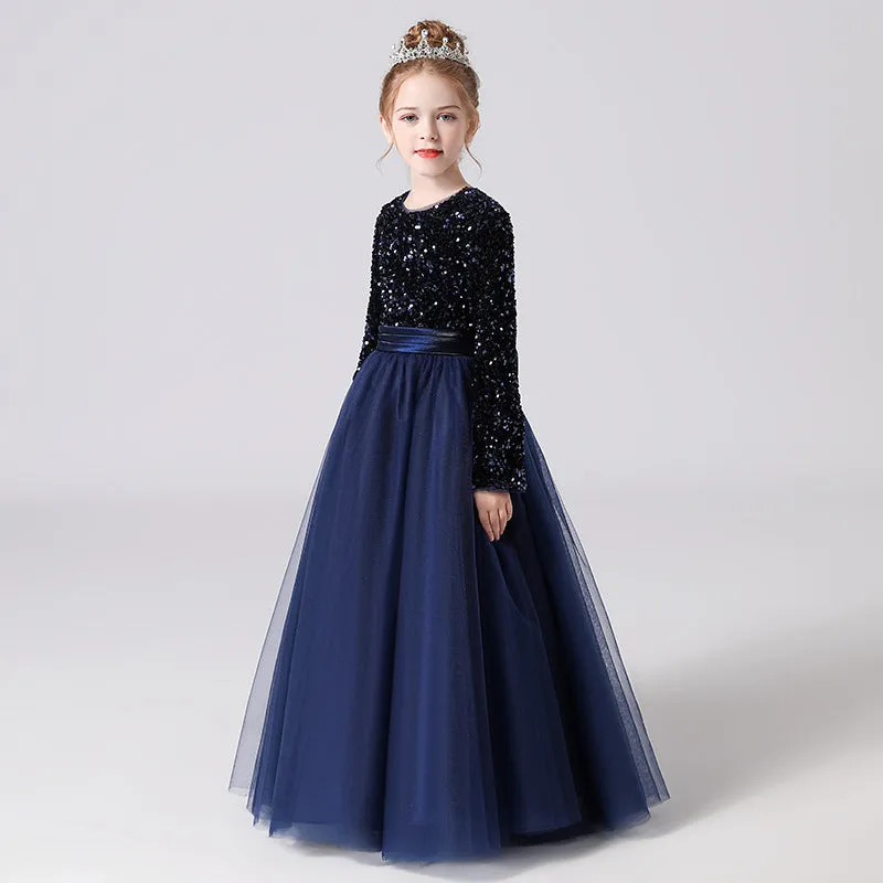 Black Tulle Long Sleeves Floor Length Flower Girl Dress With Sequins