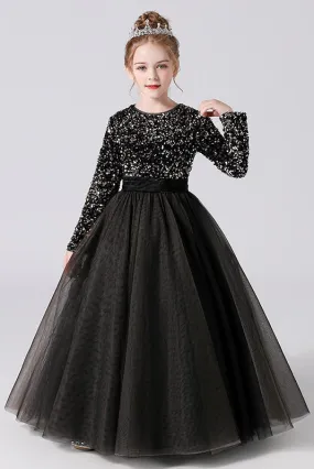 Black Tulle Long Sleeves Floor Length Flower Girl Dress With Sequins