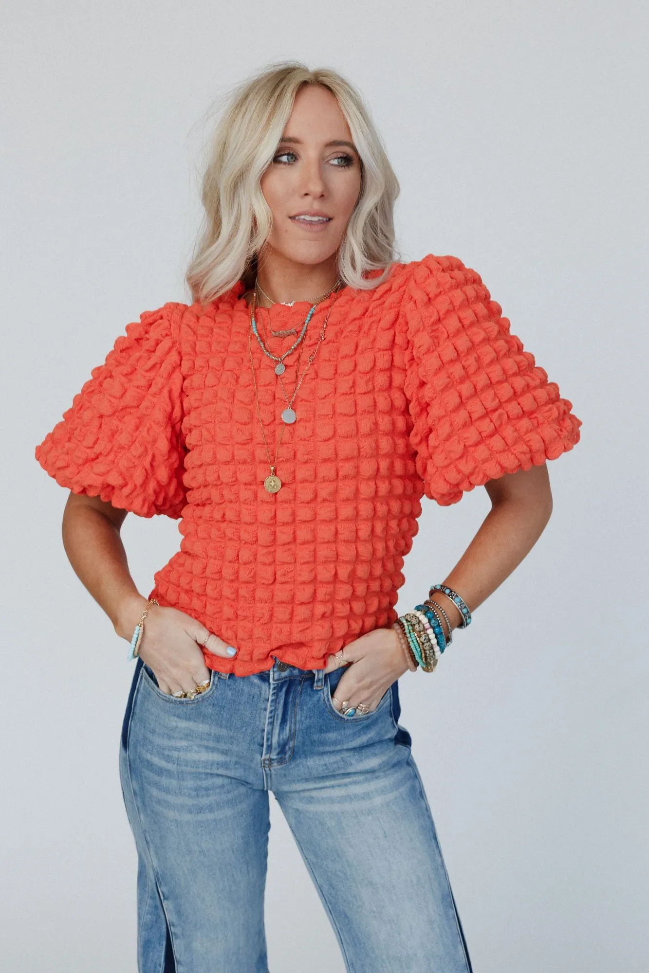 Cloud Nine Bubble Sleeve Top - Orange