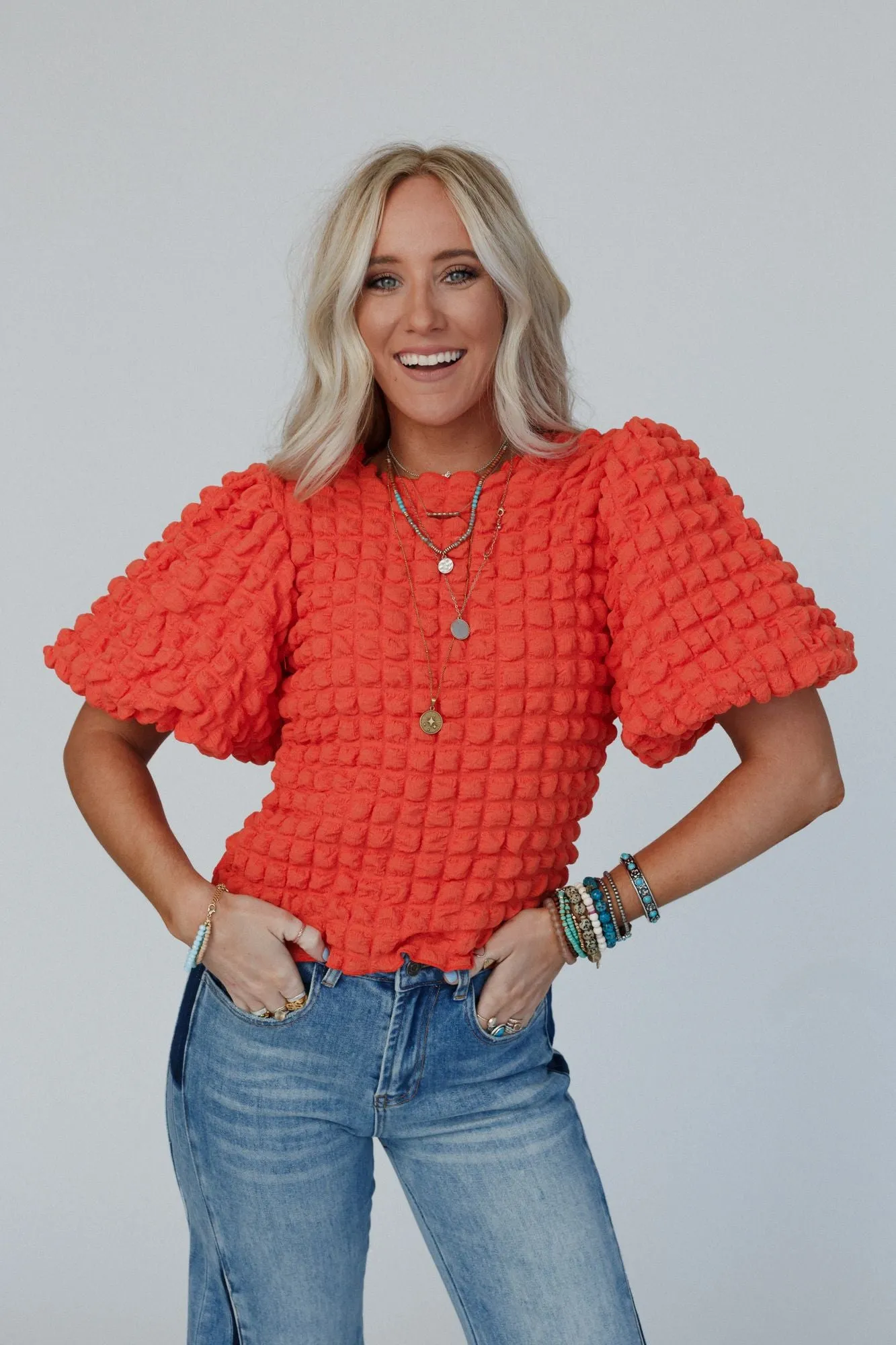 Cloud Nine Bubble Sleeve Top - Orange