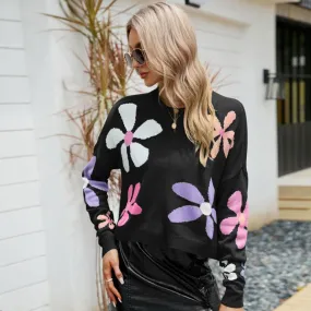 Colorful Daisy Floral Print Crew Neck Oversized Pullover Sweater