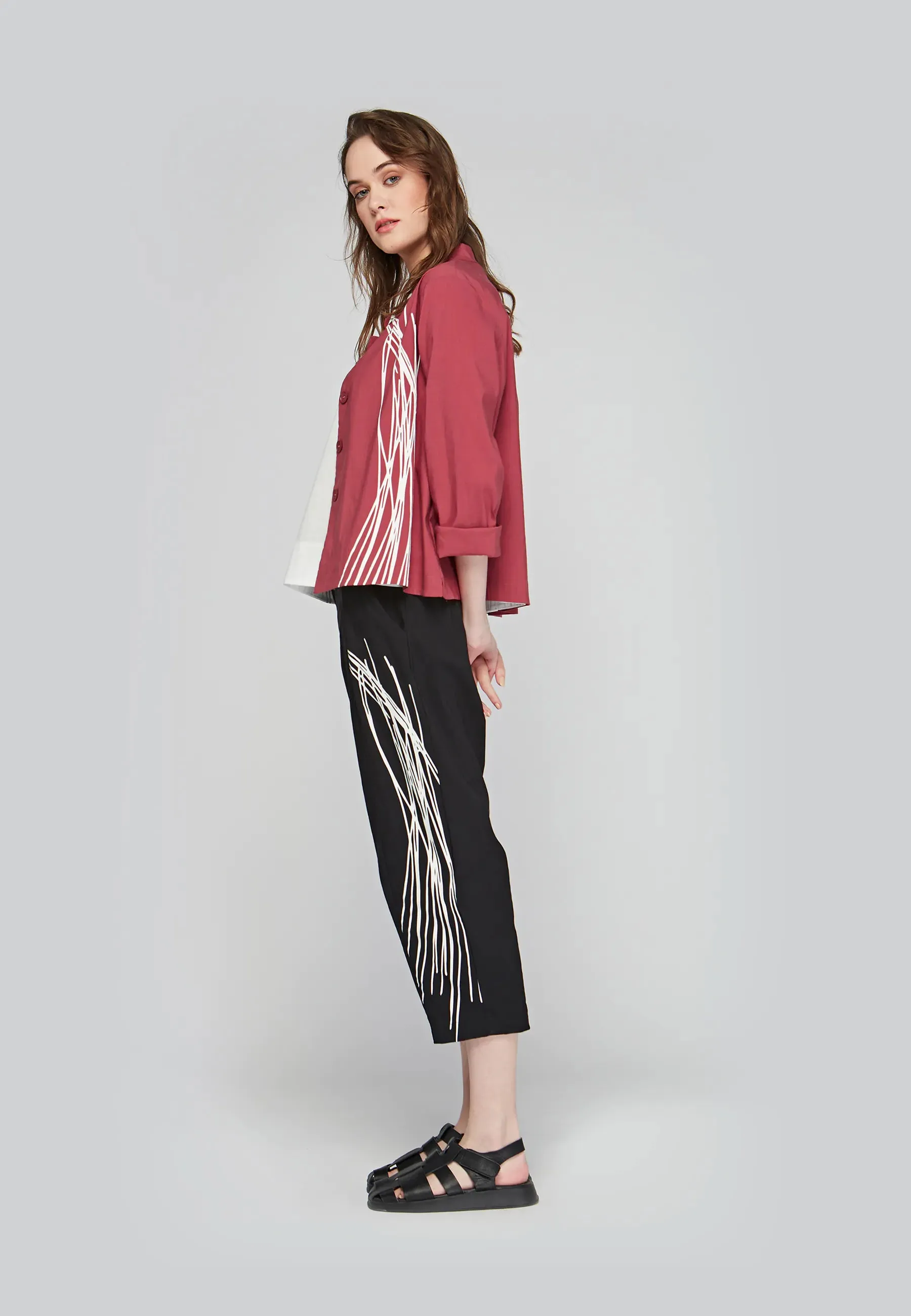 ELI Printed, stretch linen & cotton blended pants