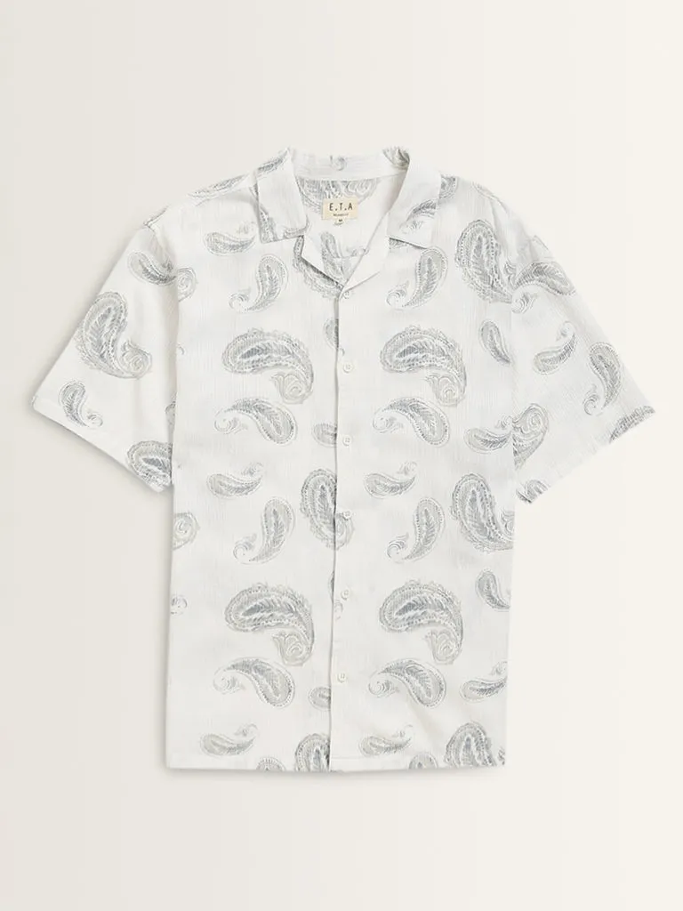 ETA White Paisley Printed Relaxed-Fit Blended Linen Shirt