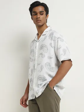 ETA White Paisley Printed Relaxed-Fit Blended Linen Shirt