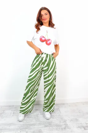 Far and Wide - Green White Zebra Wide-Leg Trousers