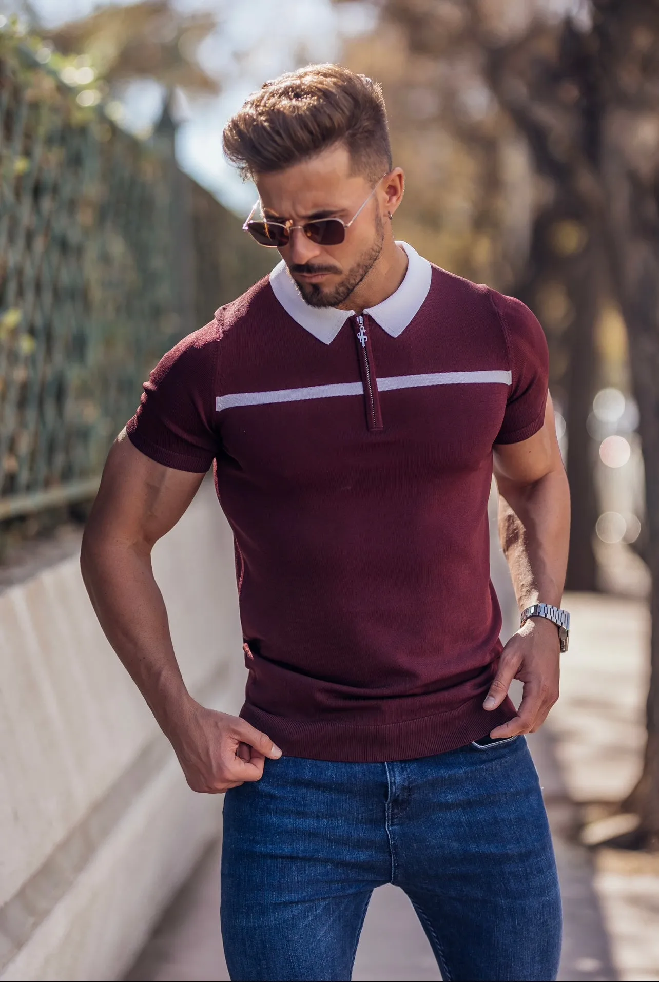 Father Sons Classic Burgundy / White Horizontal Stripe Zipped Polo Short Sleeve - FSN045