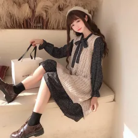 Floral Bowknot Plaid Long Sleeved Dress With Woolen Vest