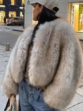 Getadme Crew Neck Crop Faux Fur Women Outwear Fluffy Long Sleeve Warm Fashion Female Coat Autumn Winter Soft Streetwear Lady Tops