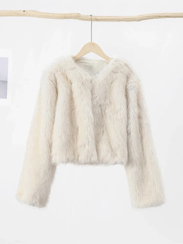 Getadme Crew Neck Crop Faux Fur Women Outwear Fluffy Long Sleeve Warm Fashion Female Coat Autumn Winter Soft Streetwear Lady Tops