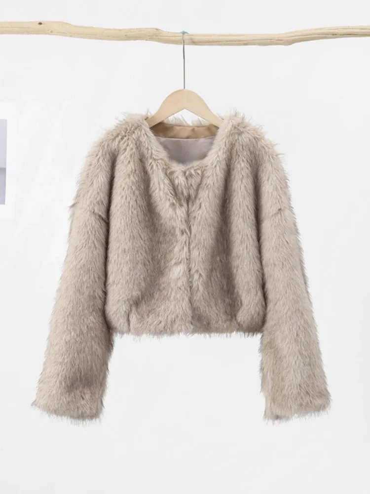 Getadme Crew Neck Crop Faux Fur Women Outwear Fluffy Long Sleeve Warm Fashion Female Coat Autumn Winter Soft Streetwear Lady Tops