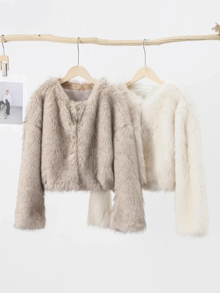 Getadme Crew Neck Crop Faux Fur Women Outwear Fluffy Long Sleeve Warm Fashion Female Coat Autumn Winter Soft Streetwear Lady Tops