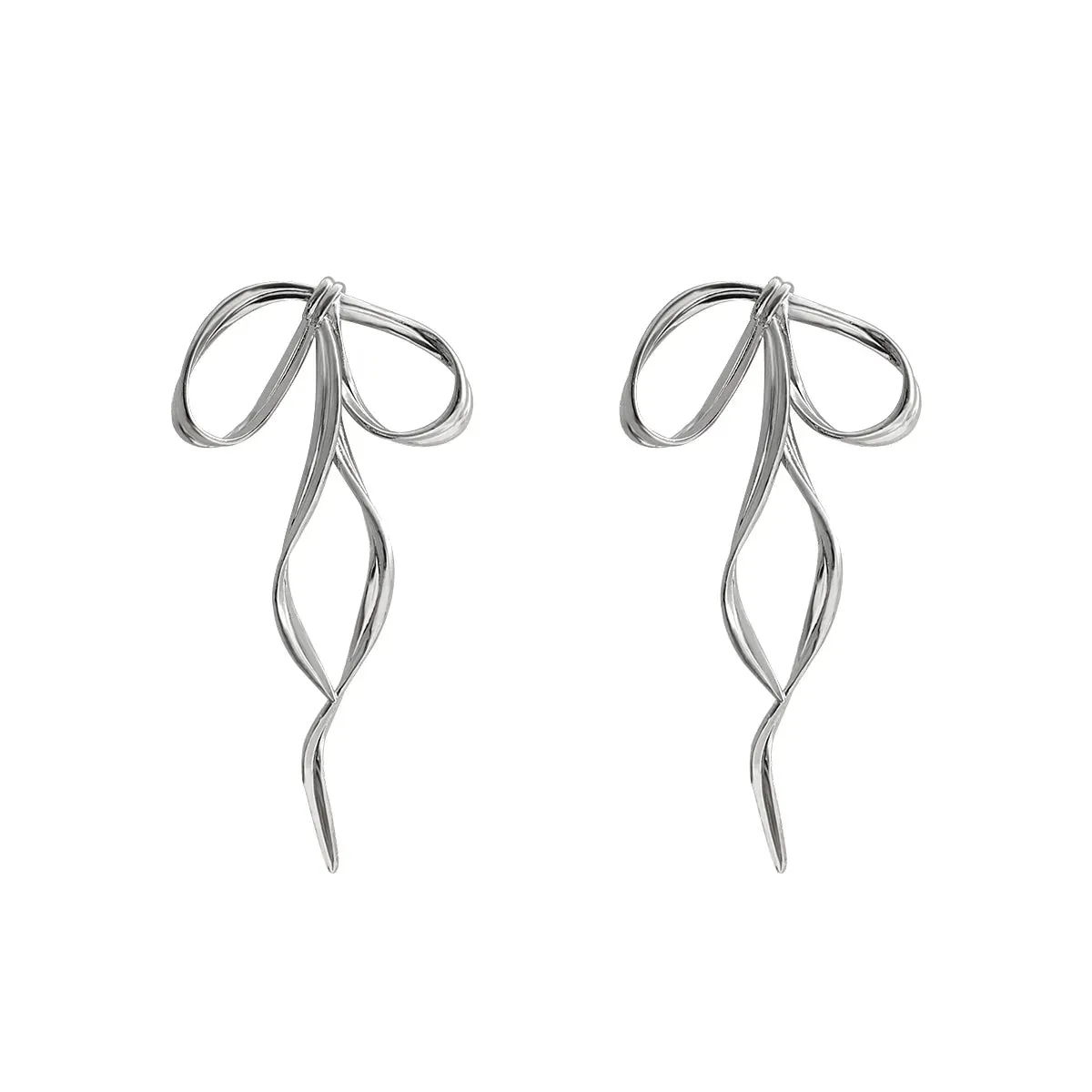 Getadme Korean Design Fashion Simple Silver Color Metal Line Bow Earrings Elegant Big Long Bowknot Drop Earrings Female