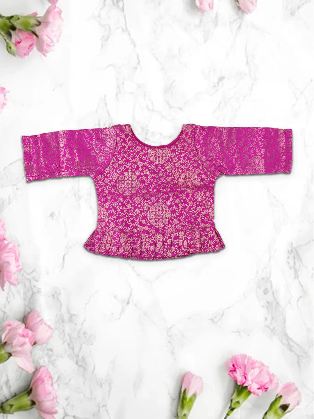 Girls Elegant Pattu Pavadai set Green with Magenta 3/4 Sleeve - GPS08