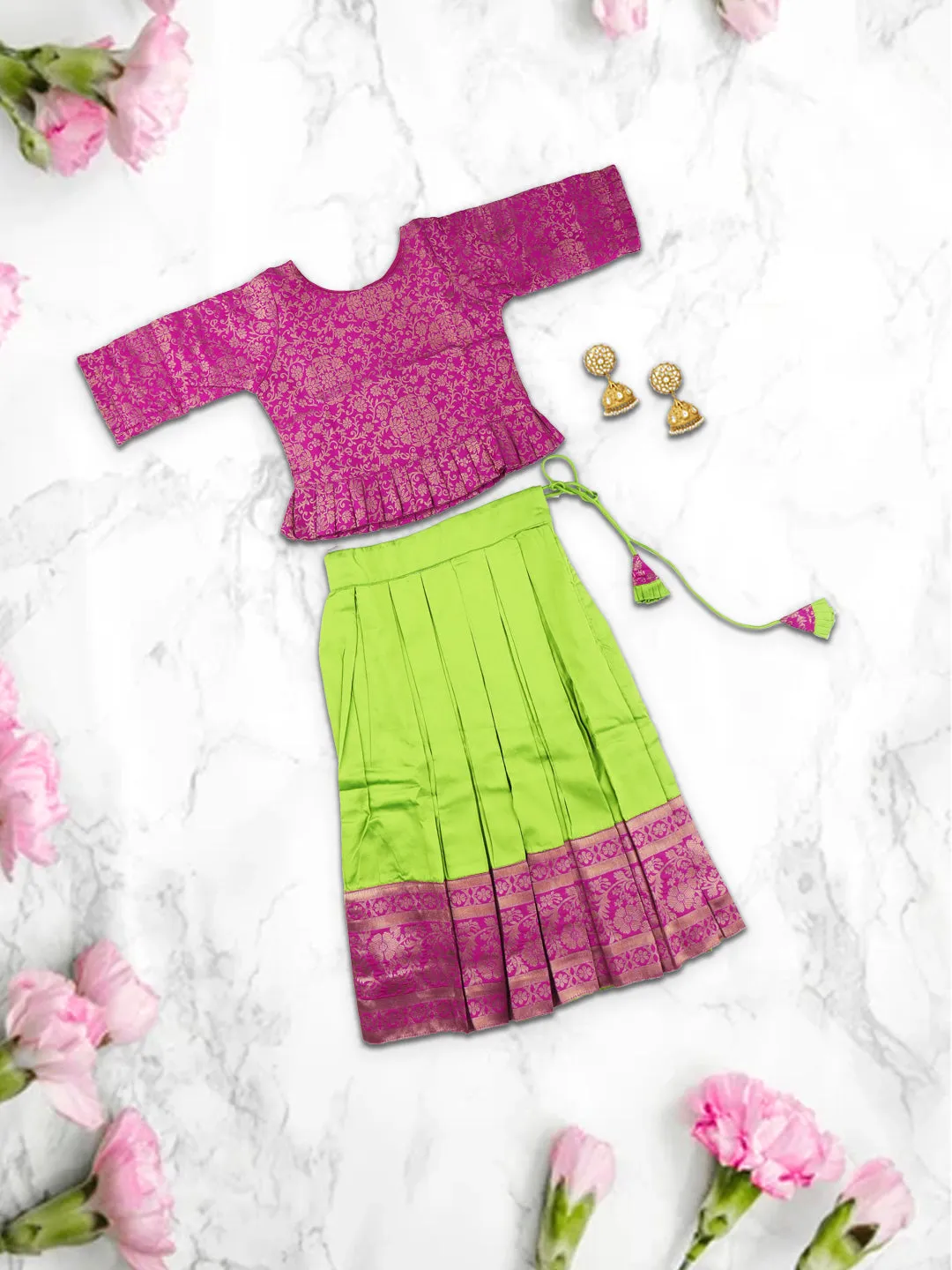 Girls Elegant Pattu Pavadai set Green with Magenta 3/4 Sleeve - GPS08