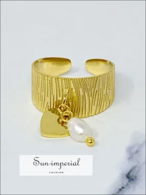 Gold-filled Cuff Dangle Ring With Heart Pendent And Pearl Detail