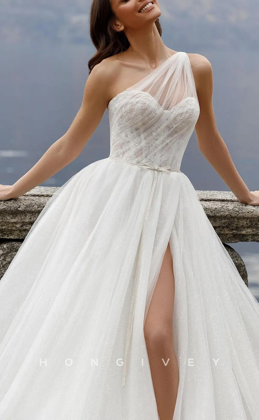 H1210 - Sexy Glitter Tulle A-Line One Shoulder Sleeveless Empire Bowknot With Side Slit Wedding Dress