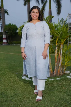 Ice Blue Embroidered Cotton Kurta