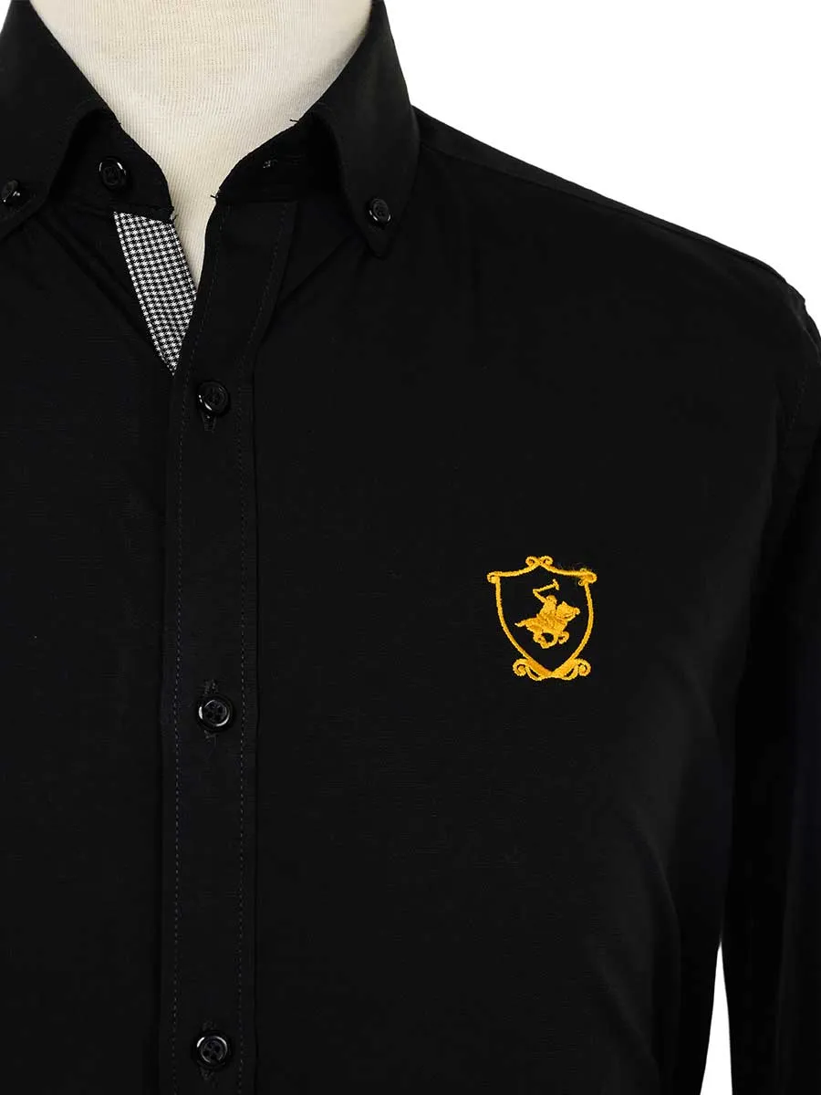 Kings Club Couture Shirt Button Down Regular Fit Shield Black Textured Woven Cotton Blend with Embroidered Logo KCSHHS02