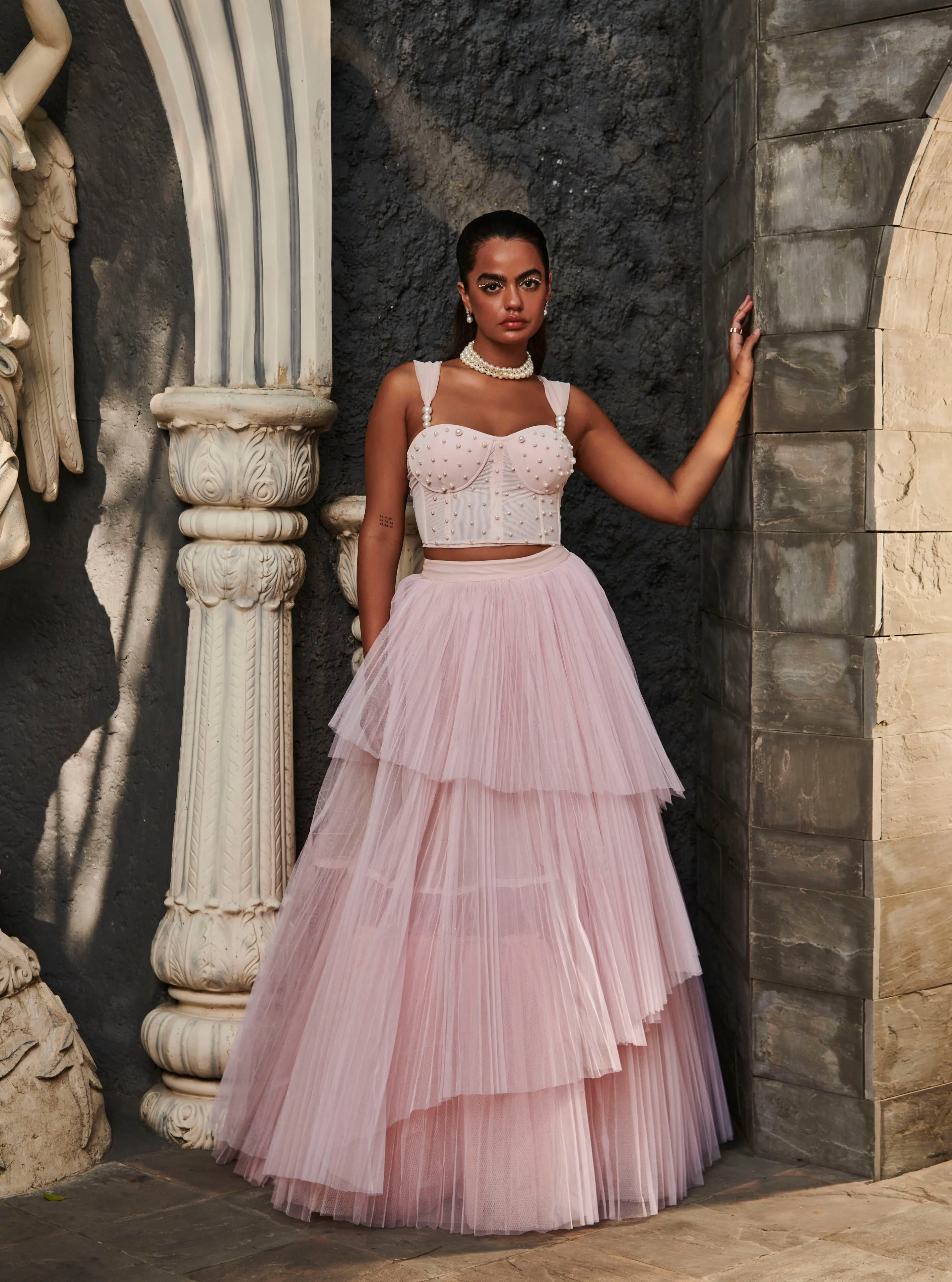 Kiyana Baby Pink Pearl Tulle Lehenga Set